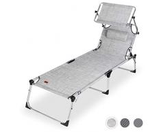 Sekey Chaise Longue Pliable, Bain de Soleil Réglable, Transat de Jardin, Camping avec Pare Soleil et Appuie Tête, 220 x 71 x 37 cm, Gris Clair, Capacité de Charge:120 kg