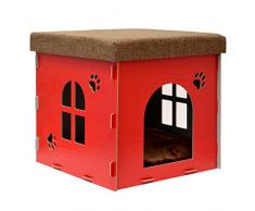 EYEPOWER Niche à Chien Dôme pour Chat 41x41x41cm Taille Moyenne M Maison boîte carrée avec Couvercle rembourré pour sasseoir Repose-Pied Rouge
