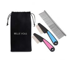 BELLE VOUS Peigne Chien (Lot de 3) - 2 Peigne Anti Puce et 1 Peigne pour Chien, Chat - Kit Toilettage Animaux Domestiques Manche Caoutchouc Dent en Acier pour Enlever Tiques Parasites Insectes Poux