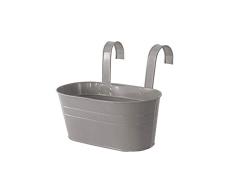 Pot de fleurs en métal avec seau rond à suspendre avec double crochets – Pot de fleurs à suspendre au mur pour balcon, fenêtre, jardinière, décoration de jardin gris