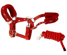 Cwell Equine Neuf Imprimé Cheval Fourrure rembourré Licol Dos Nu + Laisse Assortis Rouge Tailles au Choix (Poney)