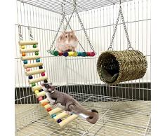 Ewolee Jouet de Hamster, Lot de 3 Jouets pour perroquets ou Chiens. Pont Échelles, Balançoire Jouet, Perché Hamac pour Hamster, écureuil, Furet, Cobaye, Chinchilla, Perroquet Accessoire Bois Hamster
