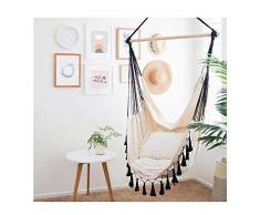 QJJML hamac Fauteuil Suspendu Blanc,hamac Chaise pivotante, siège de balançoire extérieur, Coutures Noir Nordique avec hamac Romantique en Dentelle à Franges