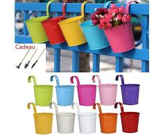 10 Pot de fleurs à suspendre en fer avec crochets amovibles et trous de drainage pour décoration de la maison du jardin ou du balcon +Pelle Râteau Bêche