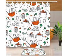 BuEnn Saint Patrick Rideau Douche Trèfle Bagpipe Bocal Fer Cheval Verre Or Chapeau 71X71in Rideau Douche Résistant Moisissure Set 15.7x23.6in Antidérapant Tapis Bain
