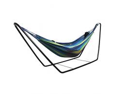 Hamac Double Pliable de Jardin Hamac Suspendu avec Support Tropical en Acier Hamac Guitare de Camping Portable en Tissu Charge max. 200 kg pour la Plage Voyage Randonnée, 280 x 200 x 150 cm - Bleu