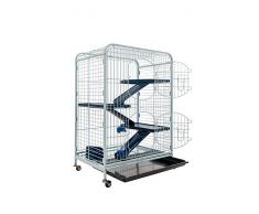 Cage Tower équipée pour Chinchilla, Cochon dInde, Furet. Forme verticale, sur roulettes. 3 plateformes modulables. Coloris Blanc et Bleu