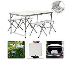 KZKR Table Pliante, Table de Pique-Nique, Table de Jardin, Table de Camping, Table Pliante Portable avec 4 chaises (Blanc) L184