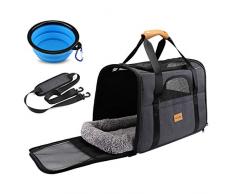 Sac Transport Chat, Sac Transport Chien Respirant et Pliable, Caisse de Transport Chat avec Bandoulière Réglable, Cage Transport Chat avec Matelas en Peluche Amovible + Bol (16.5*10.6*12.2 inch)