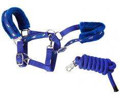 Cwell Equine Neuf Imprimé Cheval Fourrure rembourré Licol Dos Nu + Laisse Assortis Bleu Royal (Full).