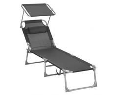 SONGMICS Chaise longue, Bain de soleil, Transat de relaxation, avec appui-tête, dossier et parasol inclinables, léger, pliable, 53 x 193 x 29,5 cm, charge 150 kg, pour jardin, Gris foncé GCB19UV1
