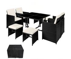 TecTake 800558 Ensemble Salon de Jardin Poly Rotin, 4 Chaises 4 Tabouret 1 Table, Housse de Protection, Vis en Acier Inoxydable - diverses Couleurs au Choix (Noir | No. 402825)
