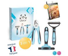 Ubica Kit de toilettage et démêlage : 1 Peigne, 1 Brosse râteau déméloir et 1 Coupe-Griffes avec Lime - pour Chiens et Chats - Poignée Ergonomique - Sain et sans Danger - Ebook Offert - Bleu
