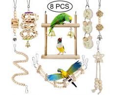 CAMITER Lot de 8 Jouet pour perroquet à oiseaux Jouets à mâcher avec Hamac Swing Cloche Chaîne Perchés pour Oiseaux, perroquets, perruches, perruches, aras, Oiseaux inséparables