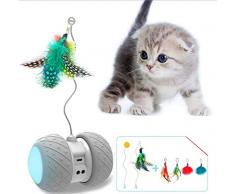 JIAMA Jouet Robotique Interactif pour Chat, Jouets de Plume/Boule Rotatifs Automatiques pour Chaton/Chats, Jouet électronique Rechargeable Kitty USB, Batterie de Grande Capacité, 4 Plumes Bonus