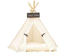 Maison et Tente pour Chat Chien Dewel Nid danimaux Pet Maison en Toile Bois Amovible Lavable Dentelle Blanc pour Chat Chien (S)