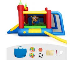 COSTWAY Château Gonflable Aire de Jeux en Nylon et Oxford avec Toboggan Panier Boules et Sac pour Enfants 380 x 305 x 215 CM