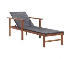 vidaXL Bois dAcacia Massif Chaise Longue de Jardin Bain de Soleil de Patio Transat de Terrasse Extérieur Piscine Résine Tressée Noir