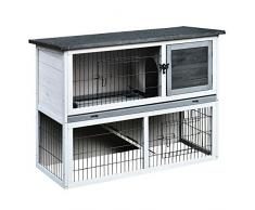 Pawhut Clapier à Lapin Cage à Lapin 2 étages 3 Portes verrouillables Plateau Coulissant Rampe et Toit ouvrant Bois de Sapin Gris Blanc