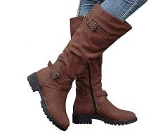 ORANDESIGNE Femmes en Cuir Chevalier Boucle Bottes Plat Chaussures Bottes à Hauteur du Genou Equitation Boots Marron 39 EU