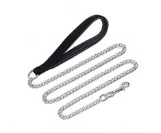 Petcomer Laisse de Dressage Réglable en Métal Poignée en Cuir PU pour Chien Chat Animaux Domestiques Noir