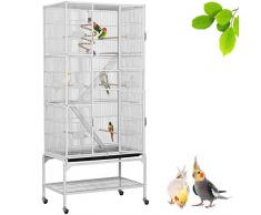 Yaheetech Grande Cage Oiseaux Voliere avec Pied sur Roulette 81 x 46,5 x 175,5 cm Blanc