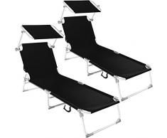 TecTake Lot de 2 chaise longue bain de soleil en aluminium pliable avec parasol pare soleil - diverses couleurs au choix - (Noir | no. 401549)
