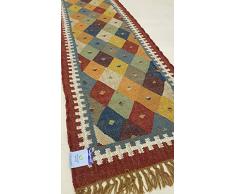 Vin Rouge, Gris, Moutarde Rustique Diamants Kilim Tapis de Couloir noués à la Main 60 x 245 cm