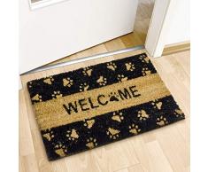 Relaxdays Paillasson fibres de coco Imprimé Welcome et pattes de chat 60 x 40 cm tapis de sol porte entrée dessous antidérapant caoutchouc PVC intérieur extérieur essuie-pieds natte, noir