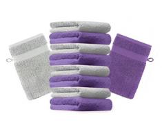 Lot de 10 gants de toilette "Premium" lila et gris argenté, taille: 17x21 cm