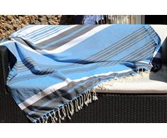 Très Grande fouta XXL Aube Tahiti – 150 x 250 cm – Bleu Turquoise, Bleu Jean et Bandes Blanches – Drap de Plage XXL – 100% Coton Doux