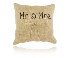 Coussin Porteur de lAnneau dAlliance 15cm x 15cm Vintage en Jute Motif de Mr & Mrs pour Mariage