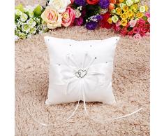 Zerodis Coussin Oreiller Porteur de lAnneau de Mariage avec Décoration de Strass Bowknot Double Coeur Ruban Décoratif Romantique Cérémonie De Mariage Partie Maison Decor(blanc)