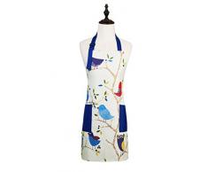 Tablier de cuisine ajustable avec 2 poches et motif d’oiseaux sur arbre style dessin animé Pour homme et femme Bleu