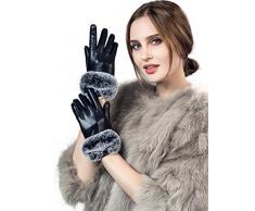 YISEVEN Gants Cuir Femme Hiver Chaud Gant Tactile Chauffant Double Fourrure Lapin Peau de Mouton en Laine Veritable de Conduite Sexy Cadeau, Noir L