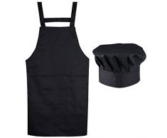 Tablier Chef de Cuisine Tablier Noir Unisexe Professionnel avec Poche et Chpeau Chef Bonnet - Noir