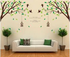 ufengke® XLarge Série de Jardin Vert Arbres Verts Branches Cage à Oiseaux et Oiseaux Stickers Muraux, Salle de Séjour Chambre à Coucher Autocollants Amovibles, Ensemble de 2 Feuilles