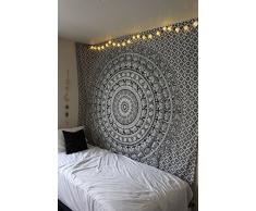 Décoration de chambre 100% coton imprimé à la main, Tapisserie murale ou drap de Plage Mandala - Style Eléphant - Noir/Blanc