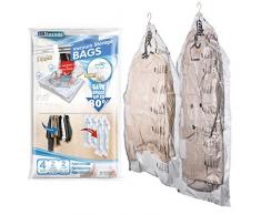 Housse de Rangement sous Vide Suspendu Gain de Place Sacs de Stockage avec Crochet pour Robe, Costumes, Manteaux, Vêtement, Garde-Robe et Placard Stockage - 2 x Extra Long 135x70cm + 2 x Long 105x70cm