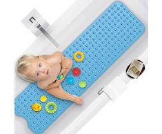 100 x 40 cm Tapis de Douche, Extra Long Tapis de Bain Lavable en Machine, Tapis de Bain Anti Glisse avec Ventouse Matériel de PVC(Bleu)