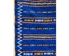 Tapis marocain authentique fait main Kilim 100% laine – Bleu, rouge, jaune et blanc – 1,35 x 0,75 m