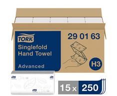 Tork 290163 Essuie-mains pliés en V doux Advanced / Compatible avec le système Tork H3 / 2 plis / 15 x 250 feuilles (23 x 25 cm) / Blanc
