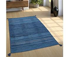 Paco Home Tapis De Créateur Tapis Tissé Kilim Tissé Main 100 % Coton Moderne À Motifs Bleu, Dimension:160x220 cm