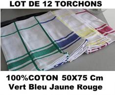 L22G 12 Torchons de Cuisine 50x75 cm - Serviettes de Cuisine 100% Coton -Chiffon épais - 100gr par pièce Torchons épais - 4 Couleurs Bleu-Jaune-Rouge-Vert - Lavable en Machine