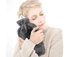 Bouillotte Peluche , Mopalwin Bouillotte Caoutchouc avec housse duveteuse rembourrée Super Doux 2L Procure chaleur et confort pour famille(Noir)