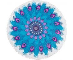 styleBREAKER Serviette de Plage Ronde avec Un Motif ornemental à Plumes et Une Bordure à Pompons, Drap de Bain, Unisexe 05050078, Couleur:Bleu-Violet