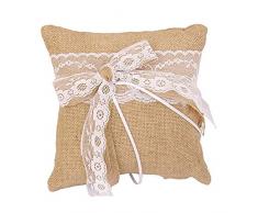 Vikenner vintage en toile de jute Dentelle Mariage Poche Ring Oreiller Coussin Porteur Style rustique – 20 * 20 cm – Marron