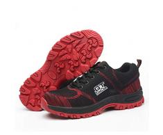 DoGeek Chaussure de Securité Homme Femme Basket de Securite Lacets Legere Confortable Coussin dair tricoté Chaussures de Travail Embout de Protection en Acier Unisexes,Rouge,42EU
