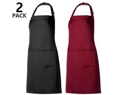 PAMIYO Tabliers de Cuisine 2 Pack Tablier avec Poche Étanche Réglable Anti Tâches pour Cuisine Familial Restaurant Barbecue (Noir + Rouge)