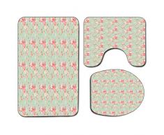 3 Pcs Antidérapant Tapis De Salle De Bains Couvercle De Siège De Toilette Couvercle Ensemble Shabby Chic Doux Antidérapant Tapis De Bain Rétro Printemps Fleur Fleurs Avec Jardin Français Florets Guirl